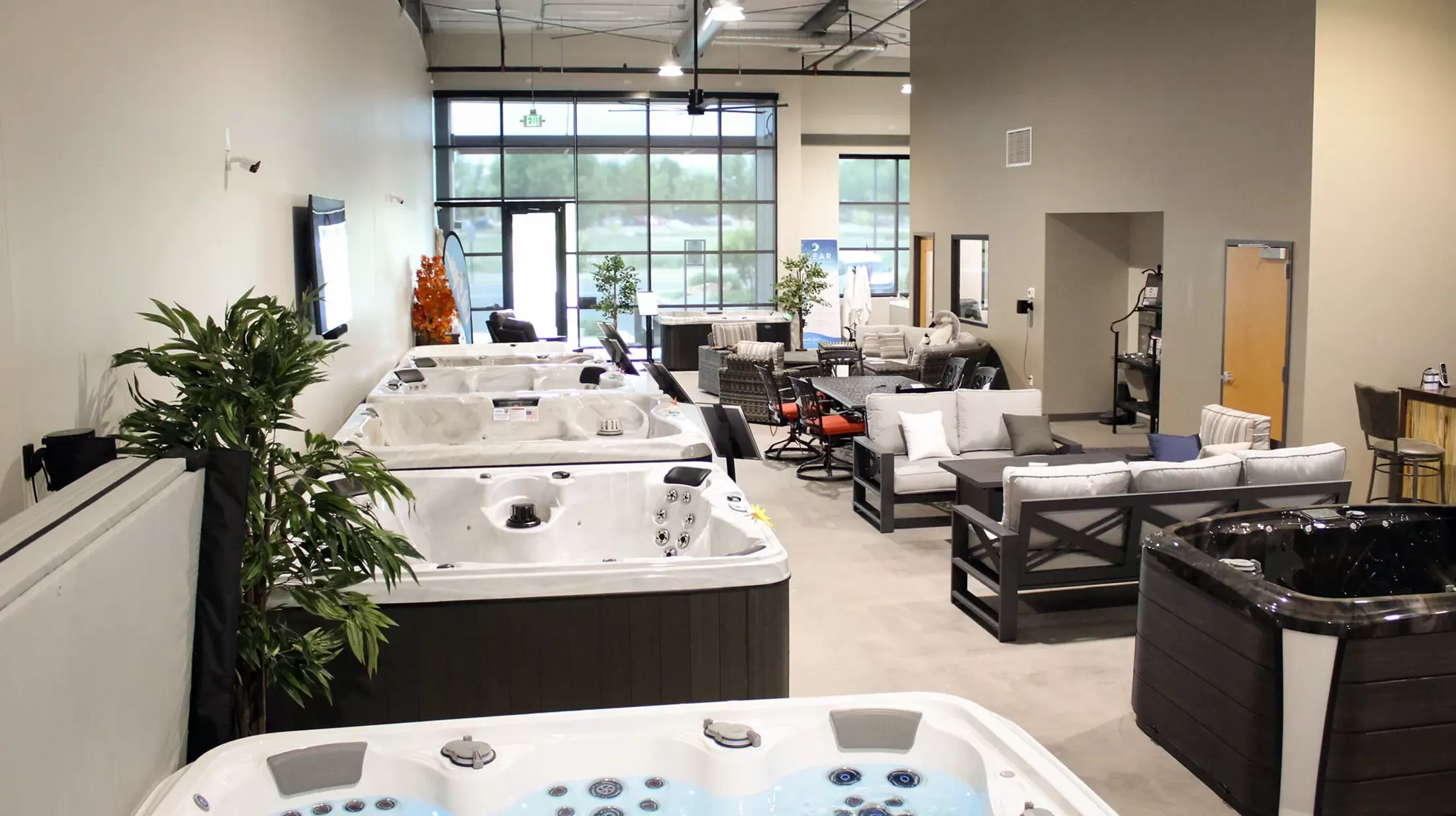 Family Time Spa showroom with hot tubs and swim spas